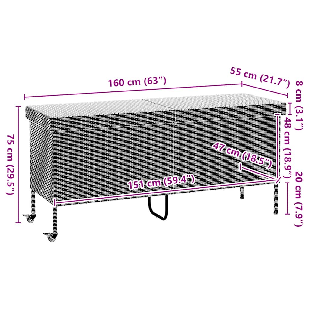 Gartentruhe mit Rollen Hellgrau 160x55x75 cm Poly Rattan