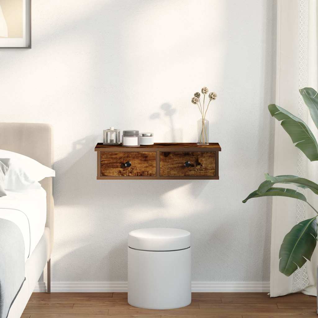 Wall shelf with drawers smoked oak 60x25x15 cm wood material