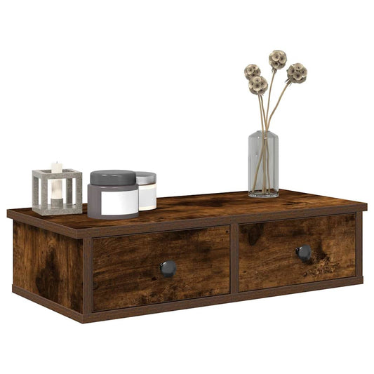 Wall shelf with drawers smoked oak 60x25x15 cm wood material