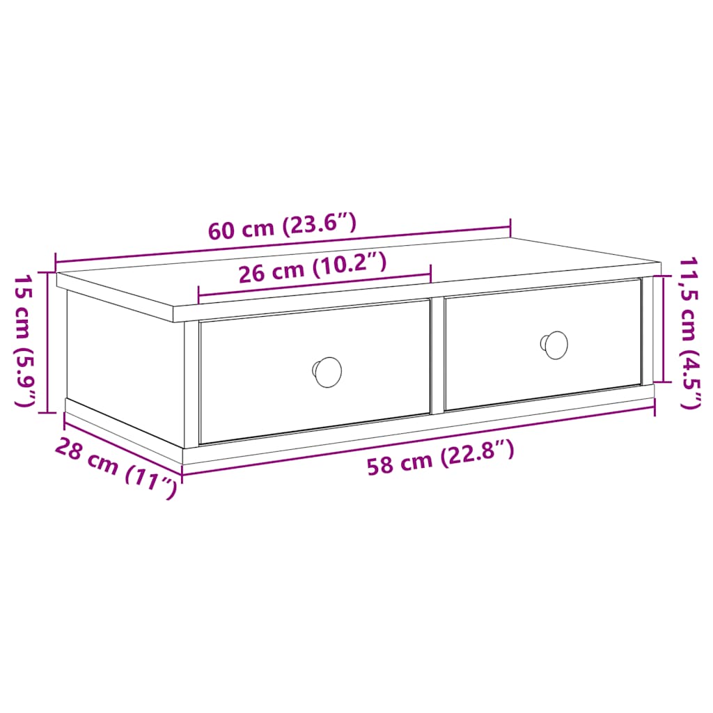 Wall shelf with drawers old wood look 60x25x15cm wood material