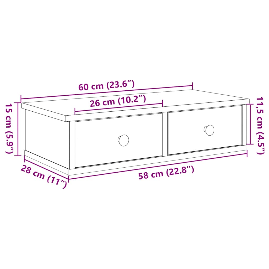 Wall shelf with drawers Artisan oak 60x25x15cm wood material