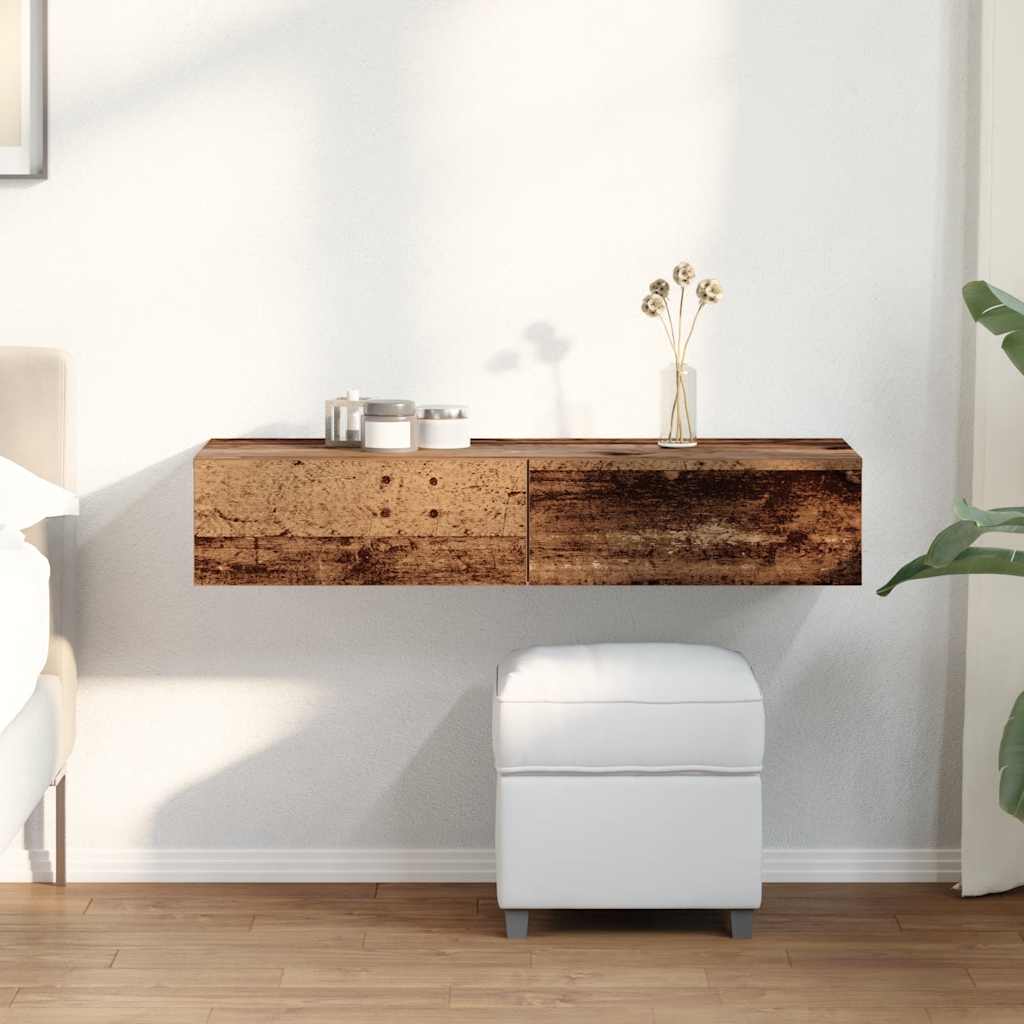 Wall shelf with drawers, reclaimed wood look, 100x36x19 cm