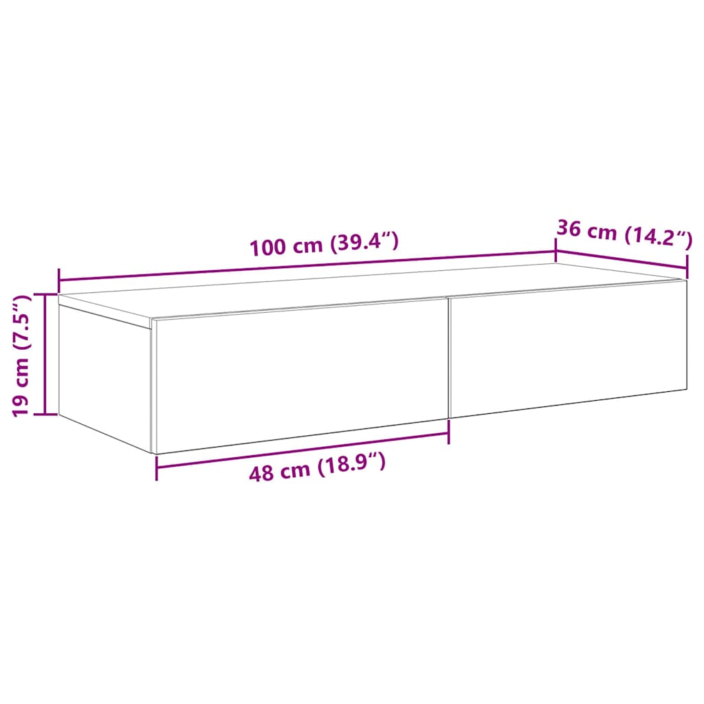 Wall shelf with drawers, reclaimed wood look, 100x36x19 cm