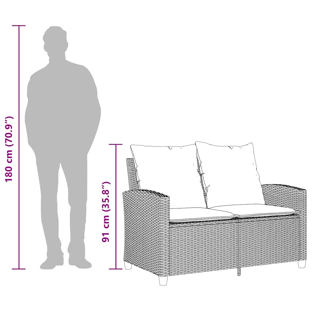 Gartensofa 2-Sitzer mit Kissen & Tisch Schwarz Poly Rattan