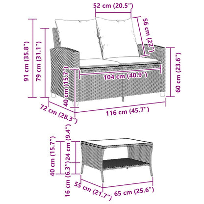 Gartensofa 2-Sitzer mit Kissen & Tisch Braun Poly Rattan