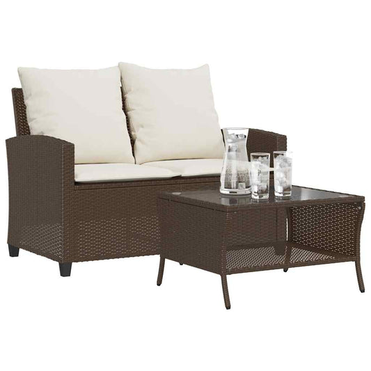 Gartensofa 2-Sitzer mit Kissen & Tisch Braun Poly Rattan