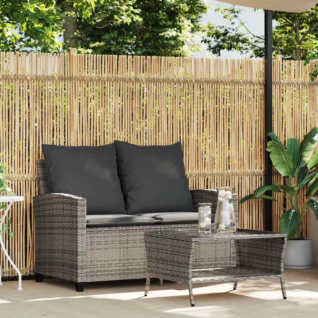 Gartensofa 2-Sitzer mit Kissen & Tisch Grau Poly Rattan