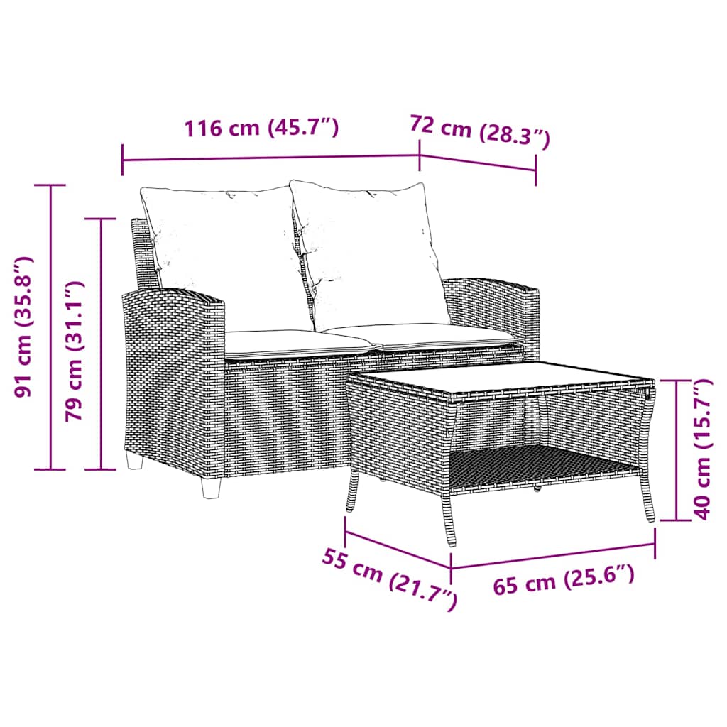 Gartensofa 2-Sitzer mit Kissen & Tisch Grau Poly Rattan