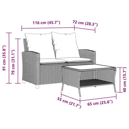 Gartensofa 2-Sitzer mit Kissen & Tisch Beige Poly Rattan