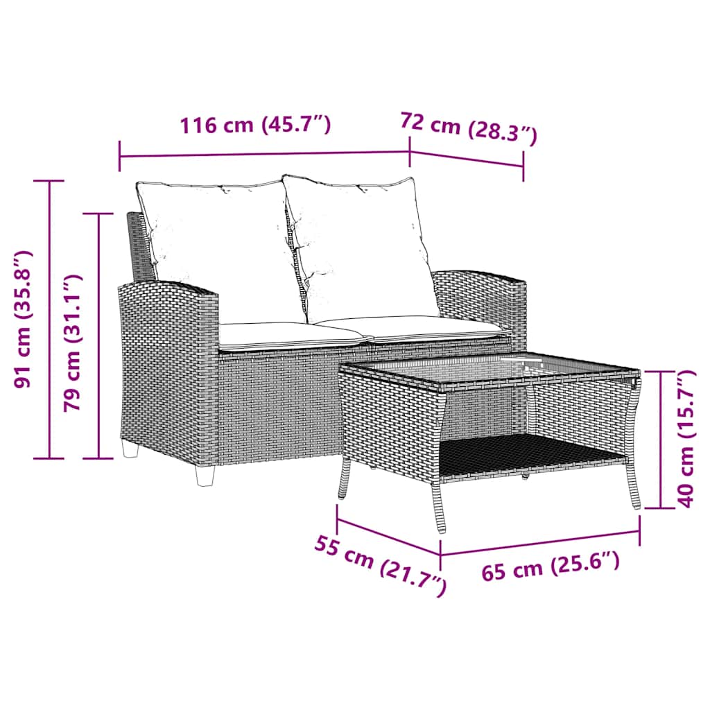 Gartensofa 2-Sitzer mit Kissen & Tisch Hellgrau Poly Rattan