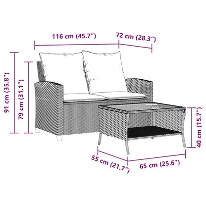 Gartensofa 2-Sitzer mit Kissen & Tisch Hellgrau Poly Rattan