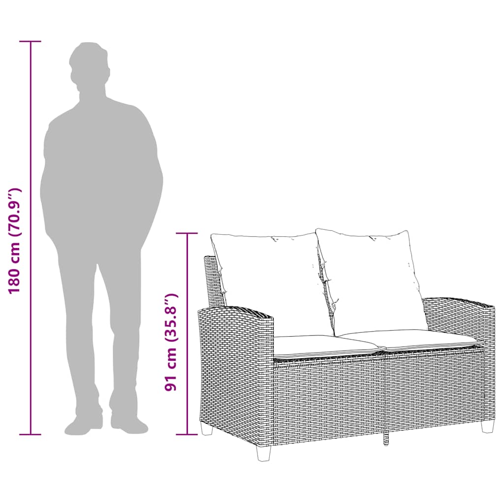 Gartensofa 2-Sitzer mit Kissen & Tisch Grau Poly Rattan