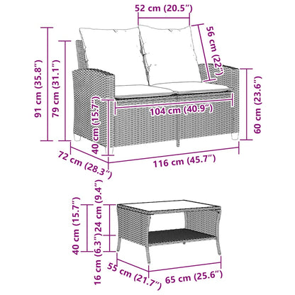 Gartensofa 2-Sitzer mit Kissen & Tisch Grau Poly Rattan