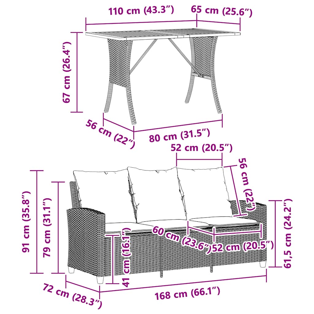 Gartensofa 3-Sitzer mit Kissen & Tisch Grau Poly Rattan