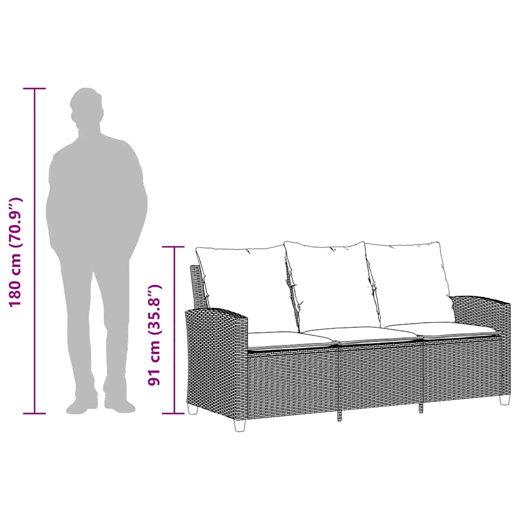 Gartensofa 3-Sitzer mit Kissen & Tisch Beige Poly Rattan