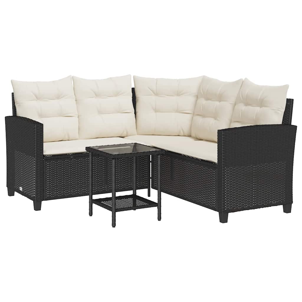 Gartensofa in L-Form mit Tisch und Kissen Schwarz Poly Rattan