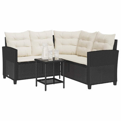 Gartensofa in L-Form mit Tisch und Kissen Schwarz Poly Rattan