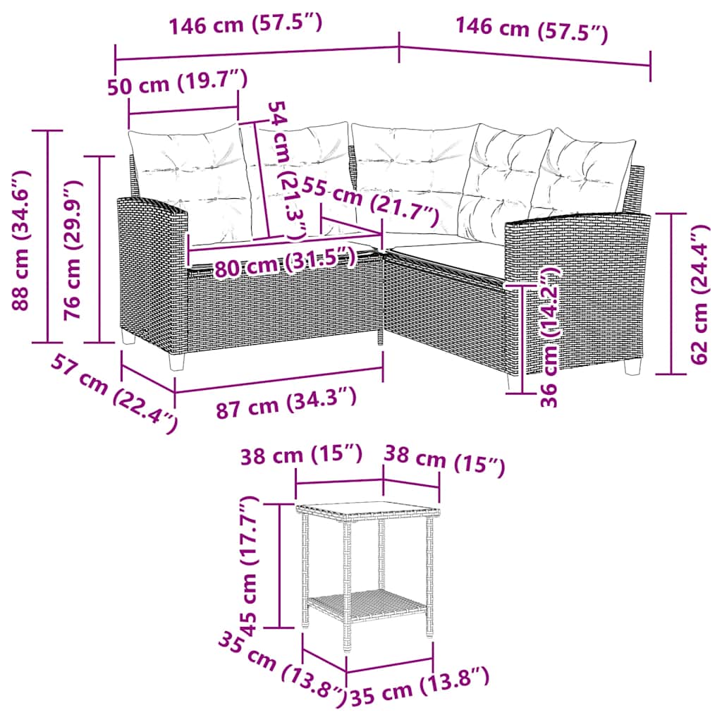Gartensofa in L-Form mit Tisch und Kissen Schwarz Poly Rattan