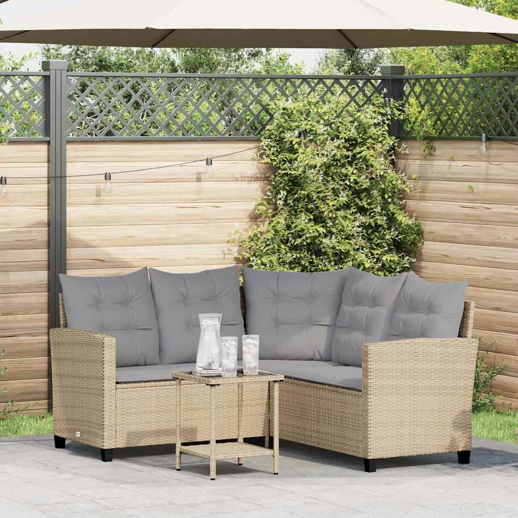 Gartensofa in L-Form mit Tisch und Kissen Beige Poly Rattan