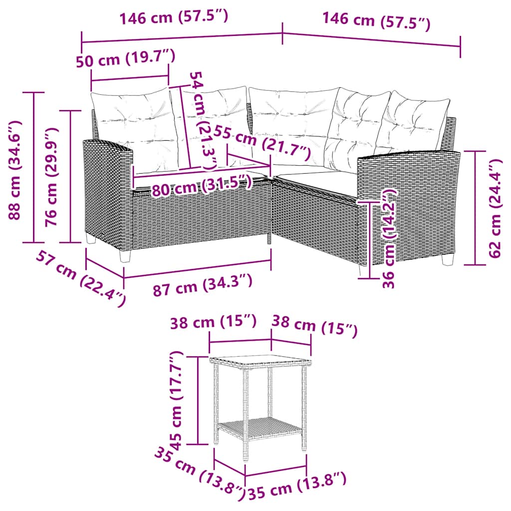 Gartensofa in L-Form mit Tisch und Kissen Hellgrau Poly Rattan