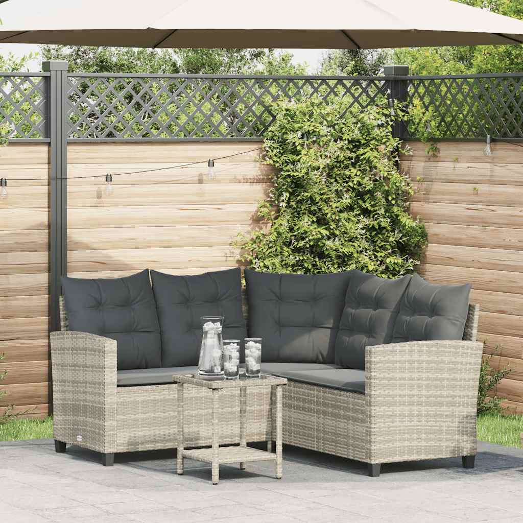 Gartensofa in L-Form mit Tisch und Kissen Hellgrau Poly Rattan