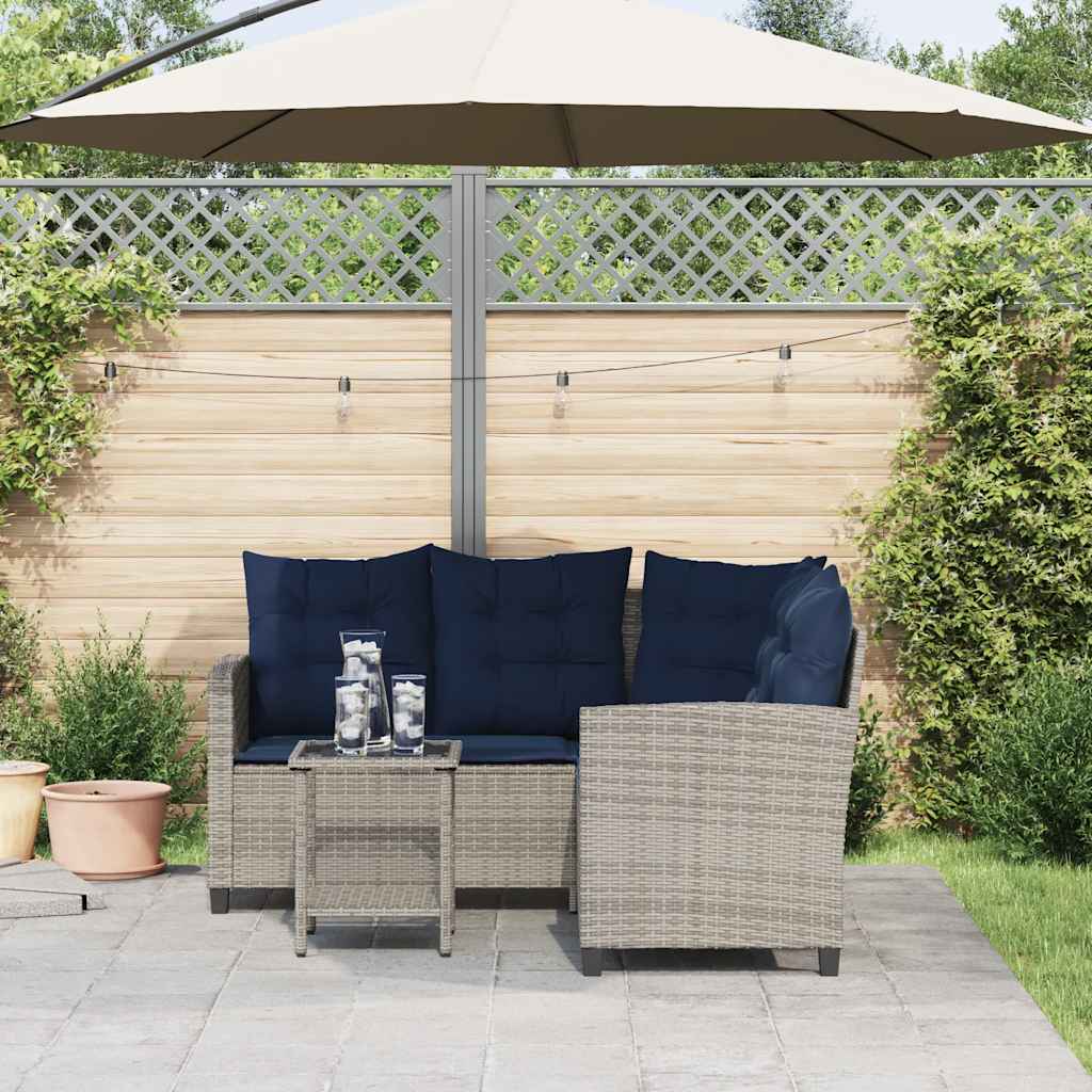 Gartensofa in L-Form mit Tisch und Kissen Grau Poly Rattan