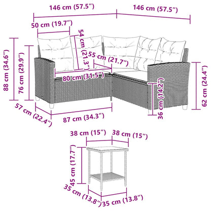 Gartensofa in L-Form mit Tisch und Kissen Grau Poly Rattan