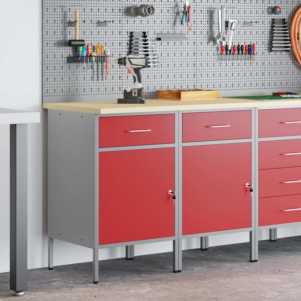 Werkbank mit Schubladen 2 Stk. Rot und Grau 100 x 55 x 85 cm