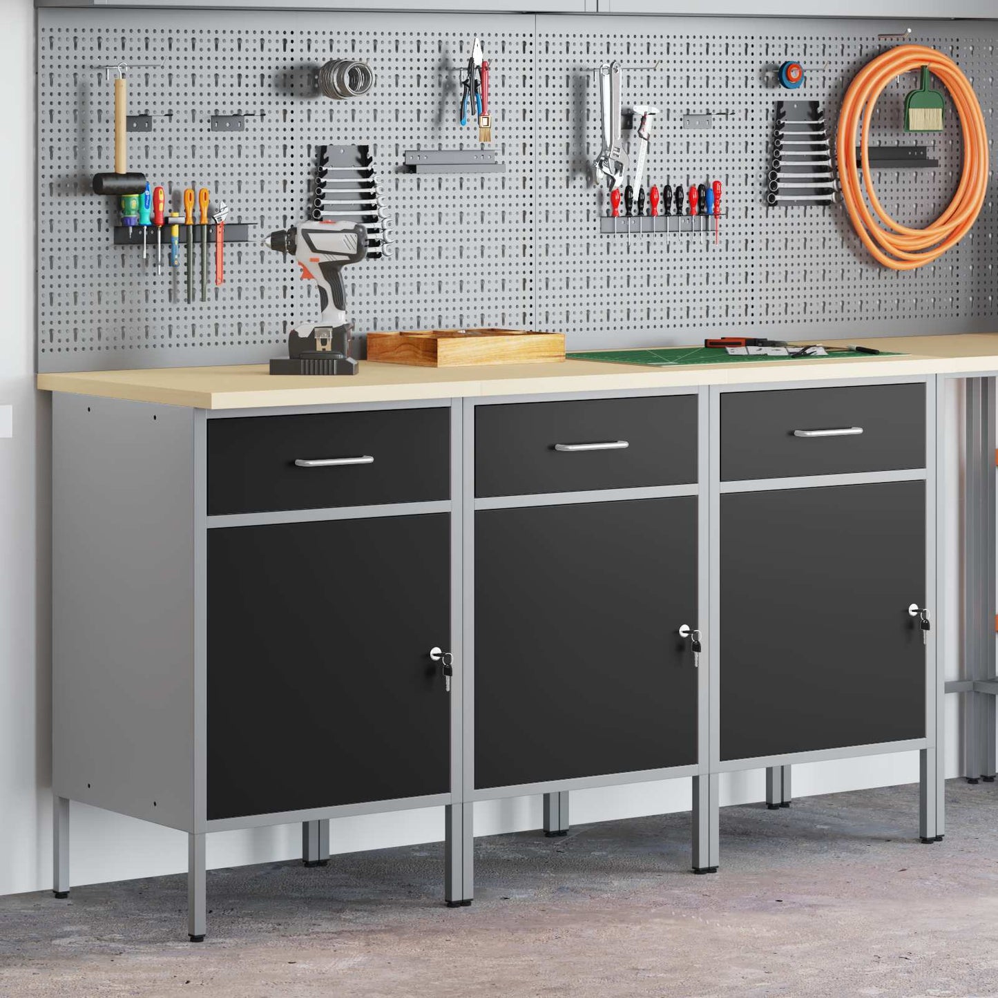 Werkbank mit Speicher 3 stk. Schwarz und Grau 150 x 55 x 85 cm
