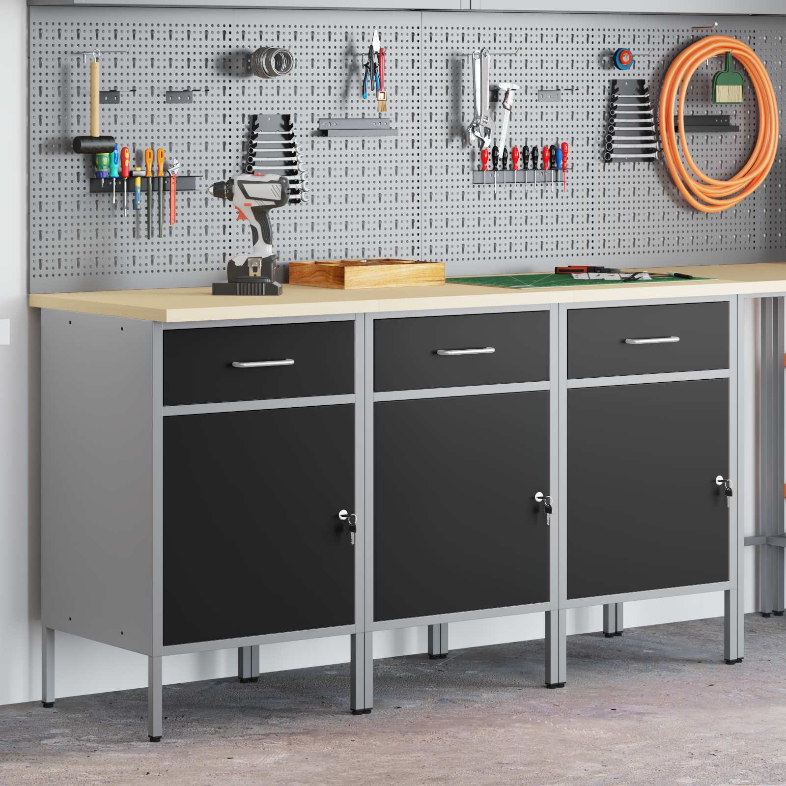 Werkbank mit Speicher 3 stk. Schwarz und Grau 150 x 55 x 85 cm