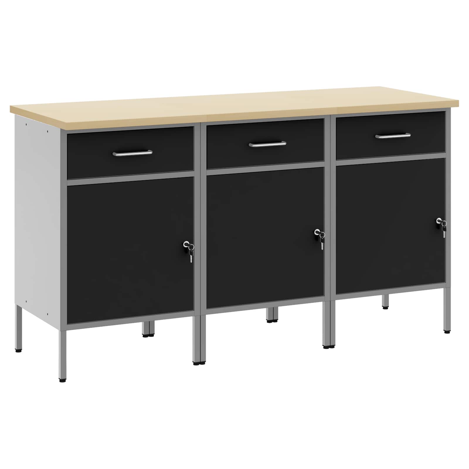 Werkbank mit Speicher 3 stk. Schwarz und Grau 150 x 55 x 85 cm