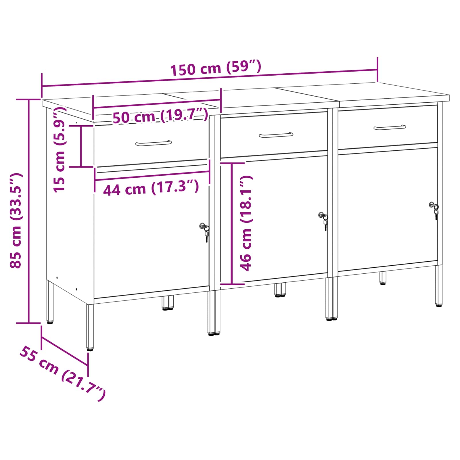 Werkbank mit Speicher 3 stk. Schwarz und Grau 150 x 55 x 85 cm