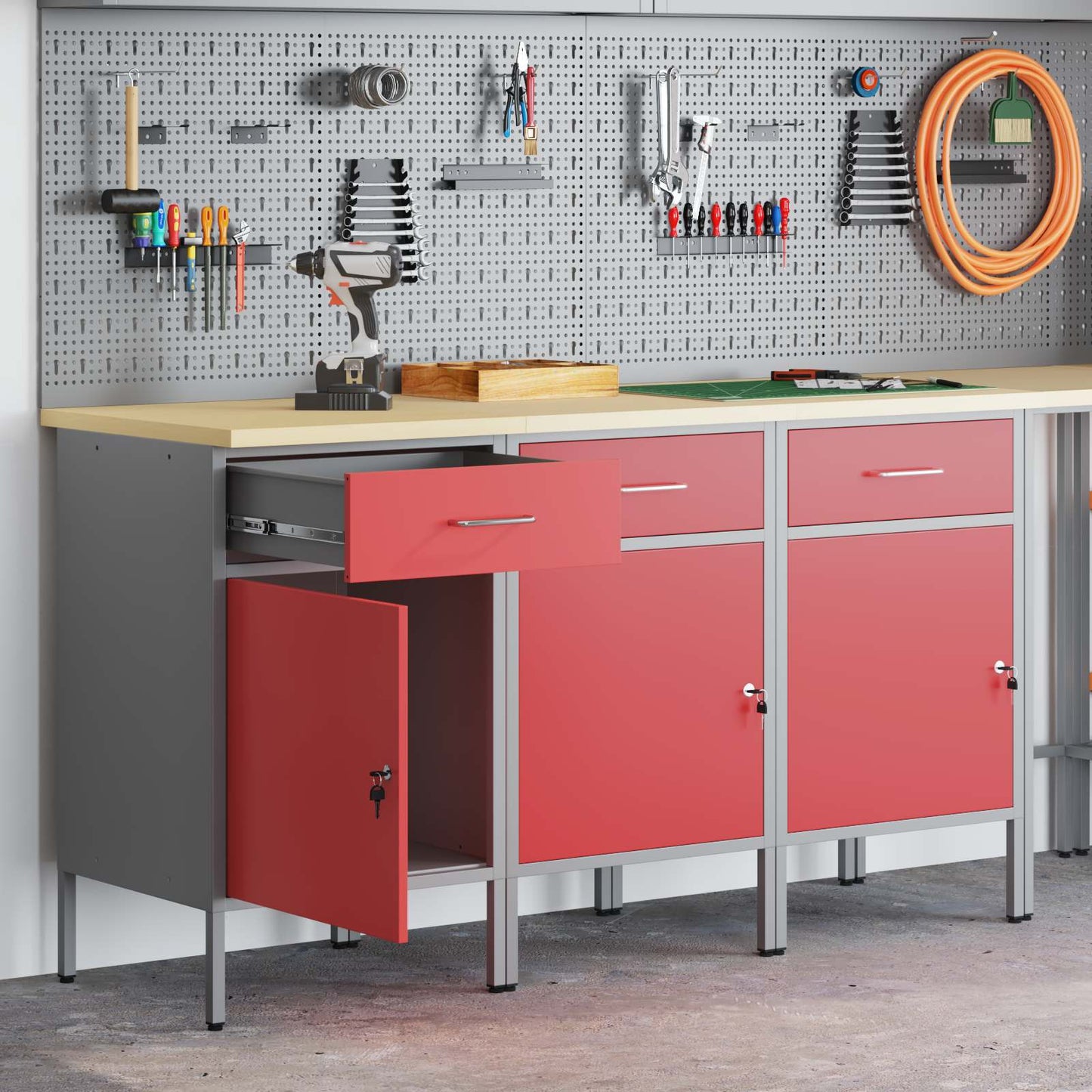 Werkbank mit Schubladen 3 Stk. Rot und Grau 150 x 55 x 85 cm