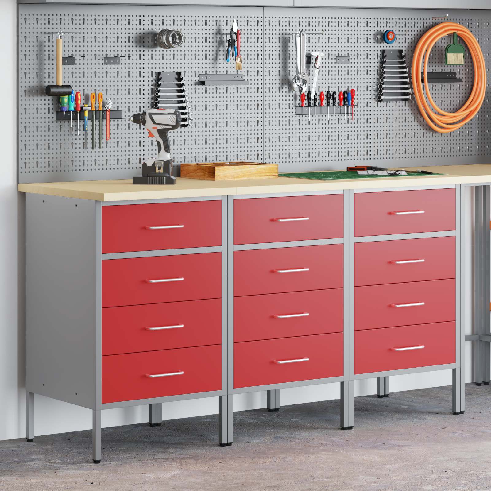 Werkbank mit Schubladen 3 stk. Rot und Grau 150 x 55 x 85 cm