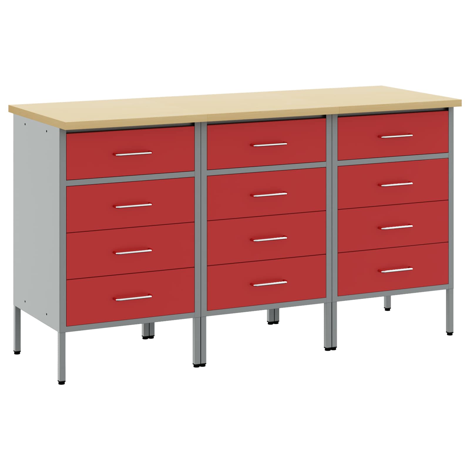 Werkbank mit Schubladen 3 stk. Rot und Grau 150 x 55 x 85 cm