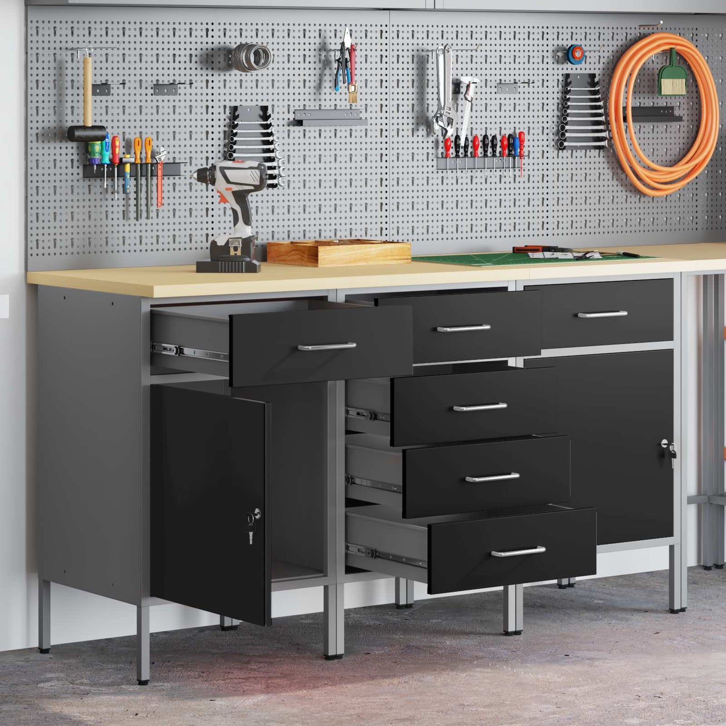 Werkbank mit Speicher 3 stk. Schwarz und Grau 150 x 55 x 85 cm