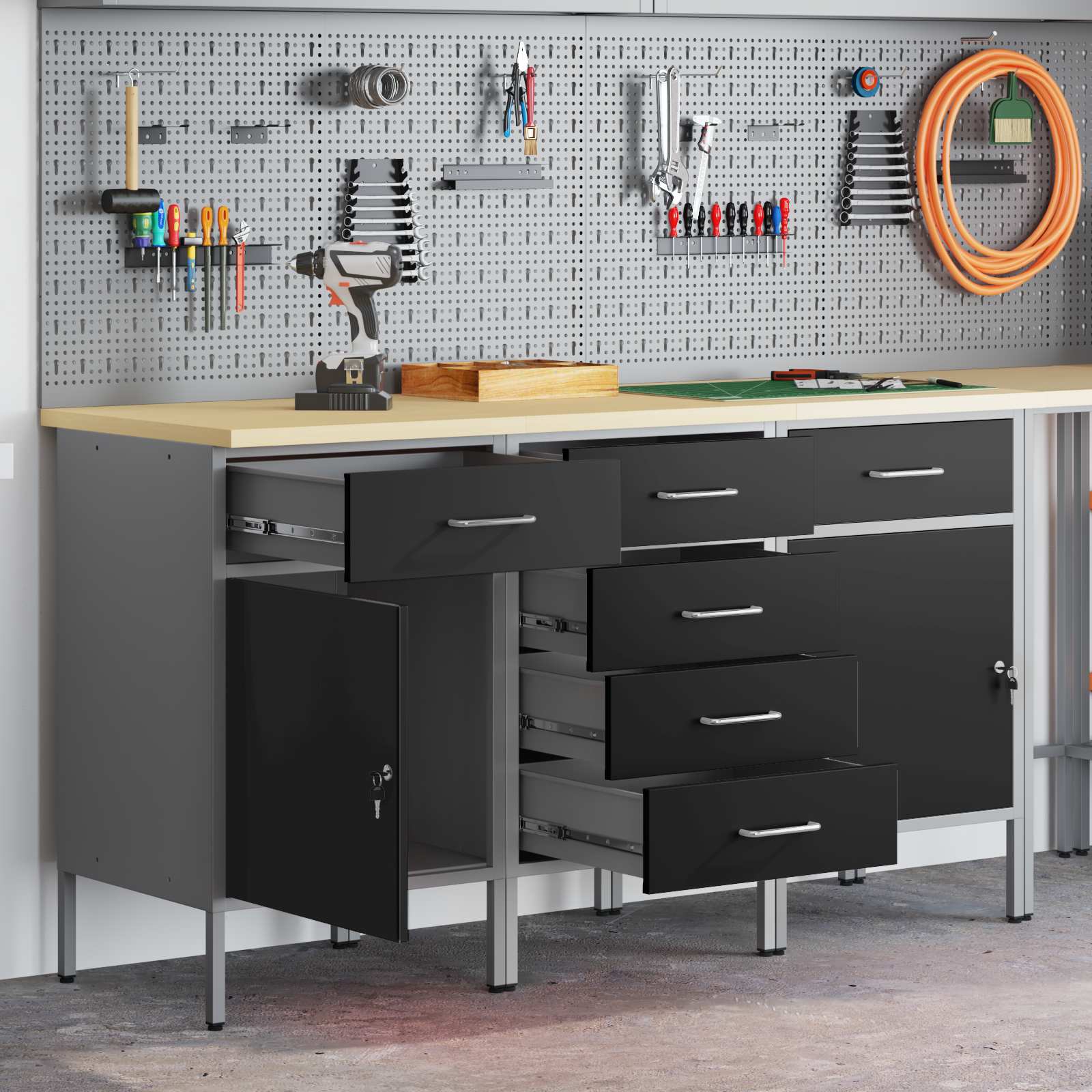 Werkbank mit Speicher 3 stk. Schwarz und Grau 150 x 55 x 85 cm