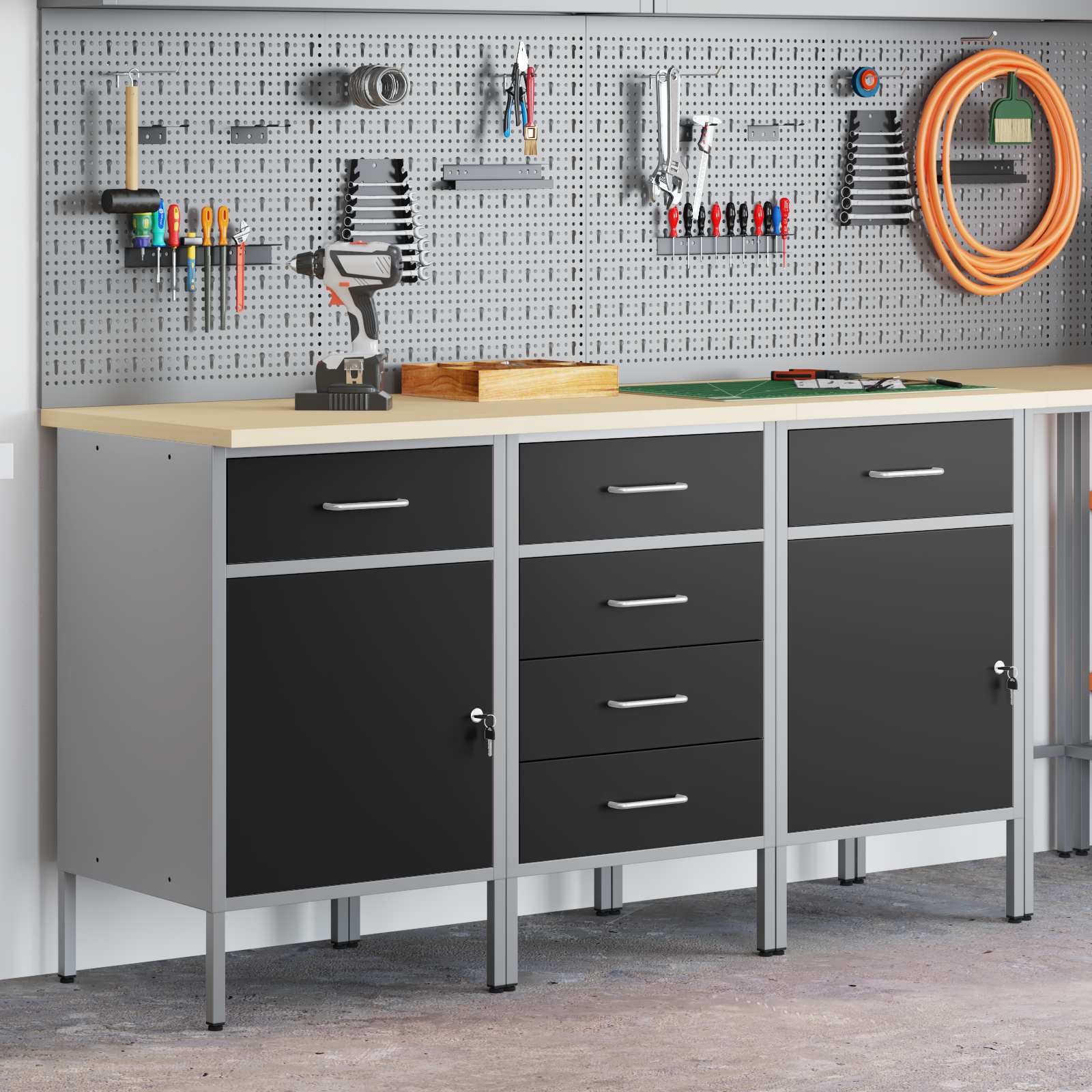 Werkbank mit Speicher 3 stk. Schwarz und Grau 150 x 55 x 85 cm