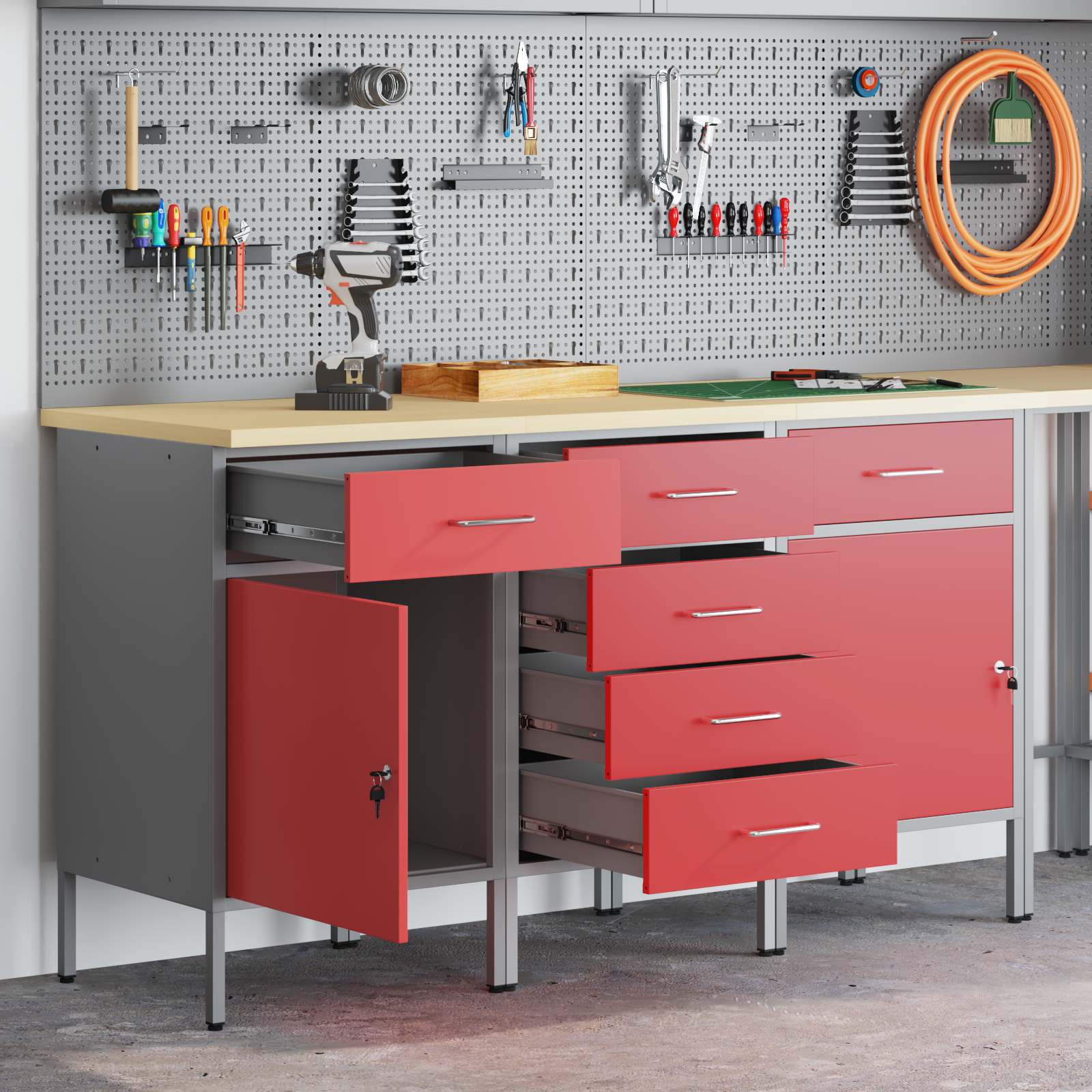 Werkbank mit Schubladen 3 Stk. Rot und Grau 150 x 55 x 85 cm