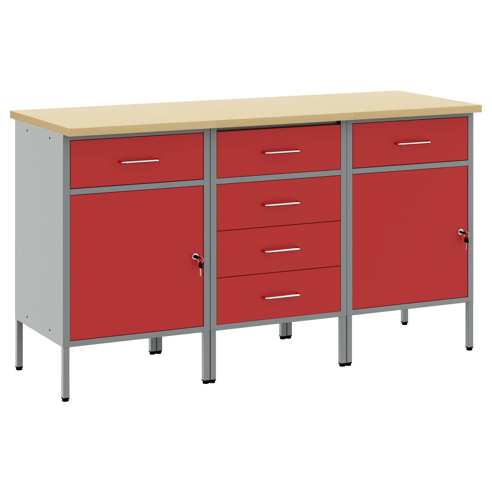Werkbank mit Schubladen 3 Stk. Rot und Grau 150 x 55 x 85 cm