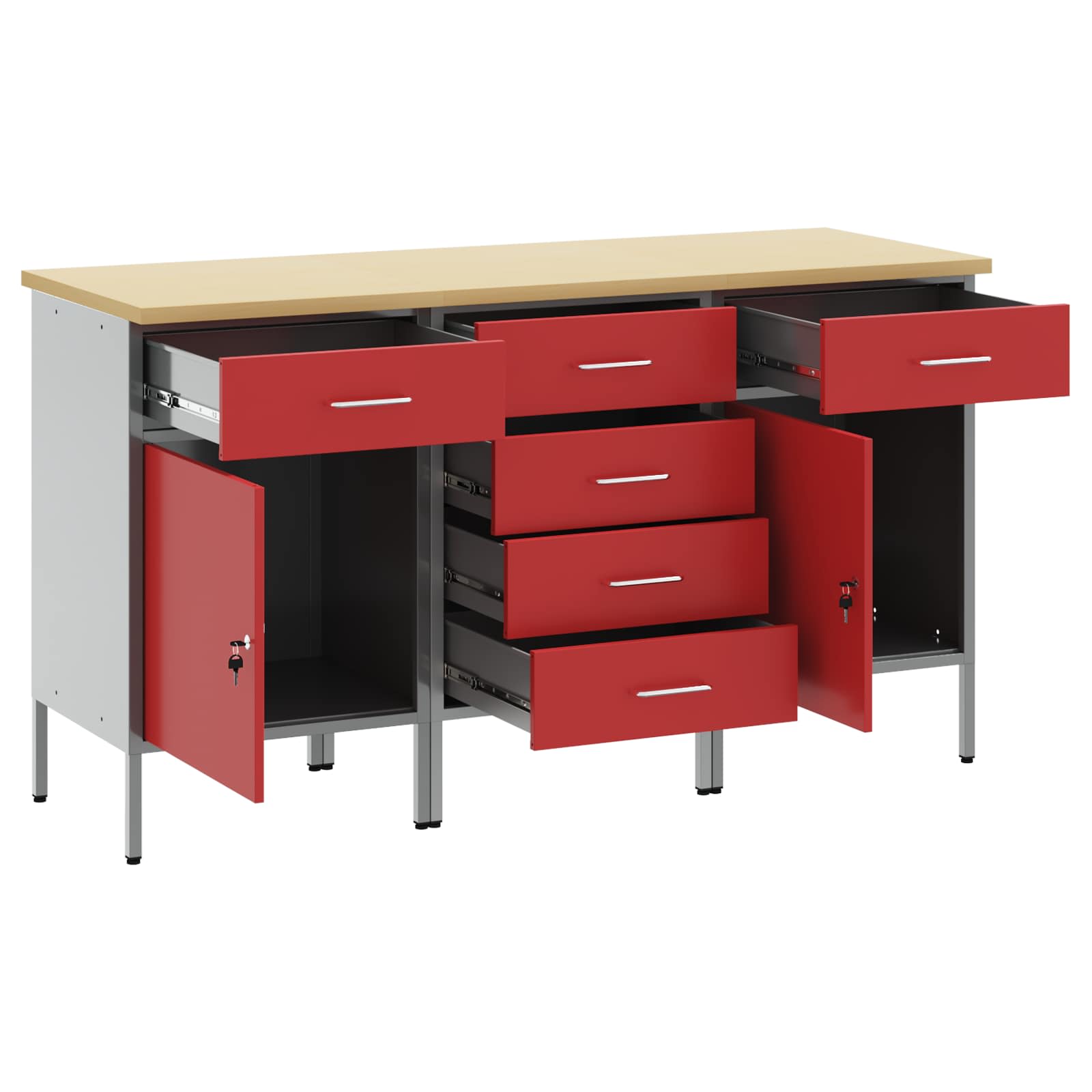 Werkbank mit Schubladen 3 Stk. Rot und Grau 150 x 55 x 85 cm