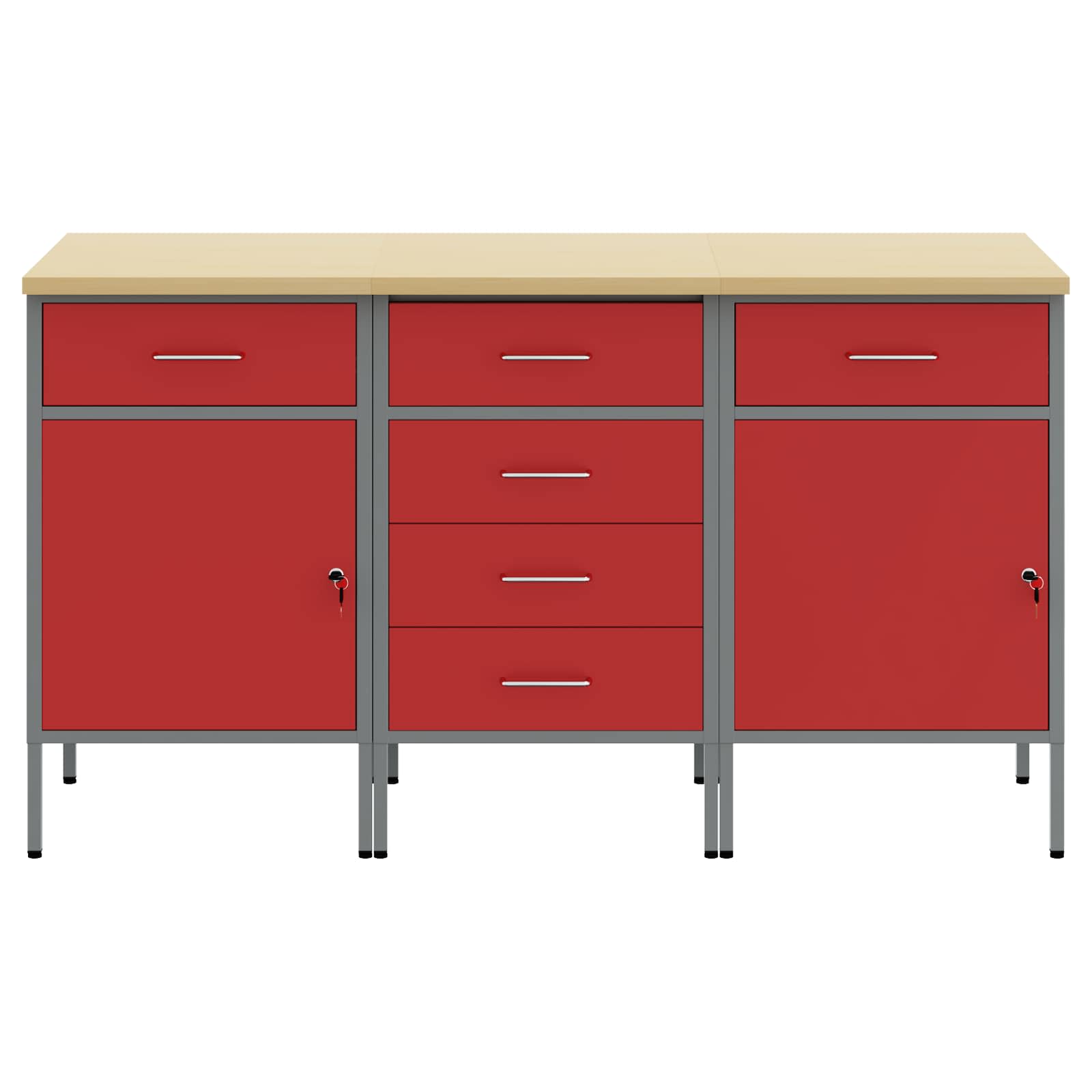 Werkbank mit Schubladen 3 Stk. Rot und Grau 150 x 55 x 85 cm