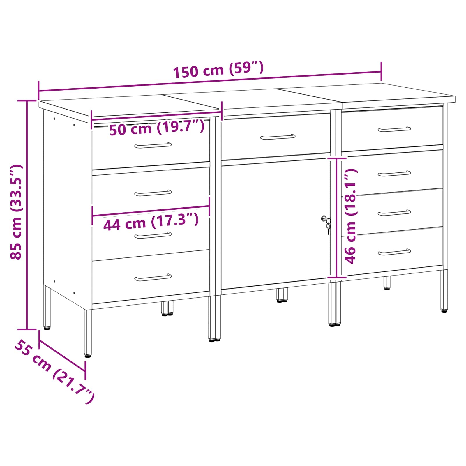 Werkbank mit Speicher 3 stk. Schwarz und Grau 150 x 55 x 85 cm