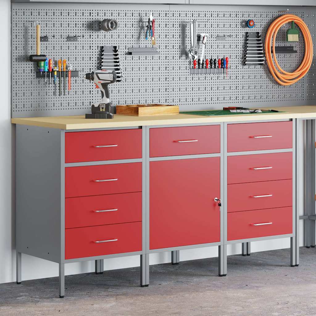 Werkbank mit Schubladen 3 stk. Rot und Grau 150 x 55 x 85 cm