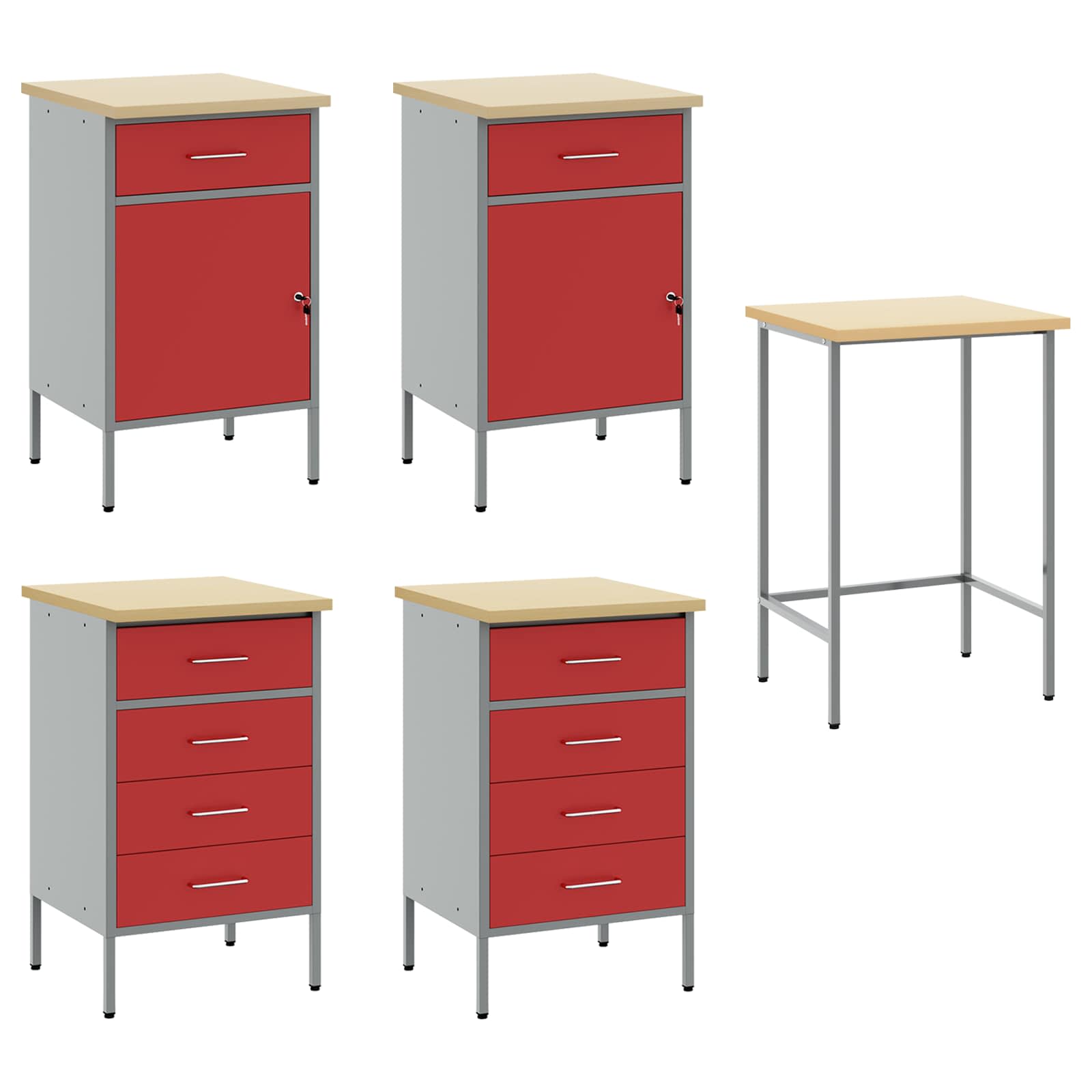 Werkbank mit Schubladen 3 stk. Rot und Grau 150 x 55 x 85 cm