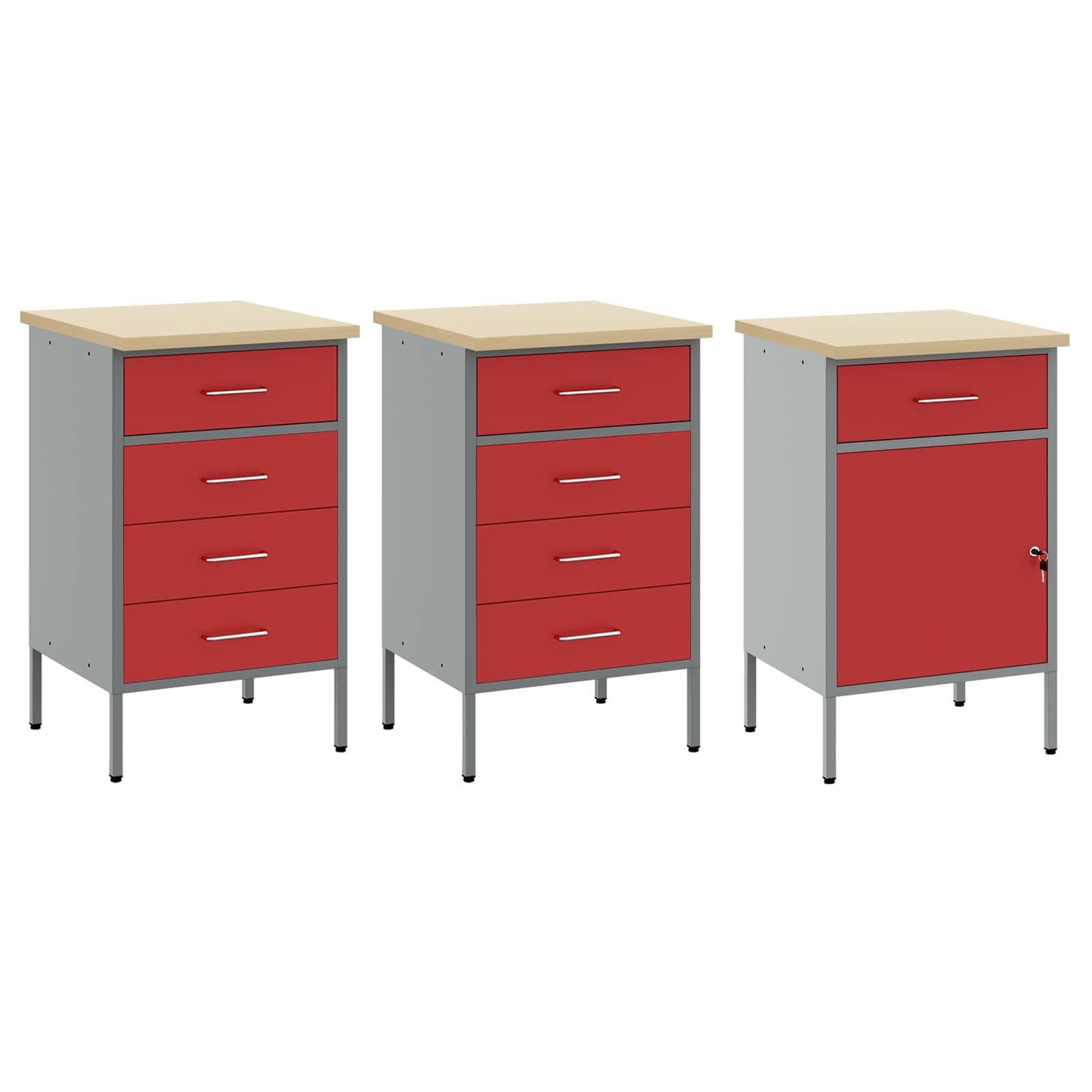 Werkbank mit Schubladen 3 stk. Rot und Grau 150 x 55 x 85 cm