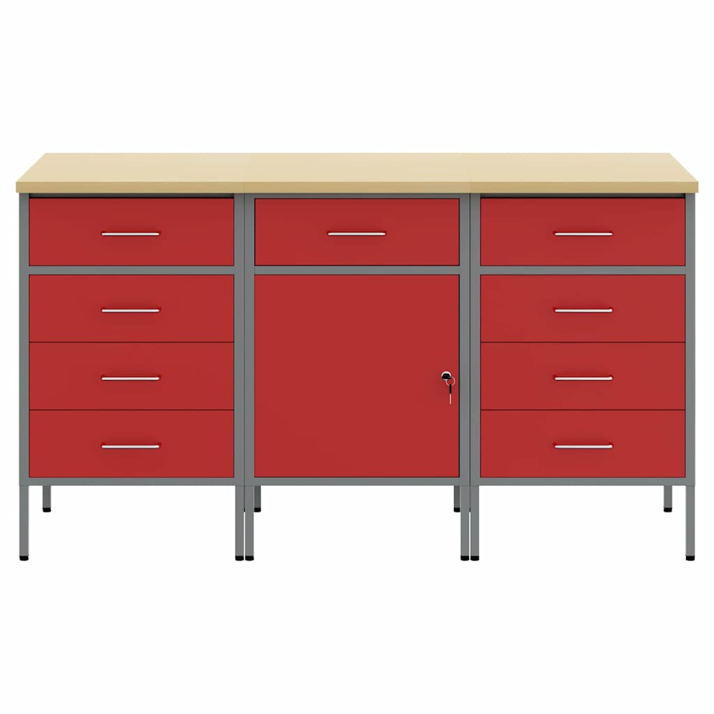 Werkbank mit Schubladen 3 stk. Rot und Grau 150 x 55 x 85 cm