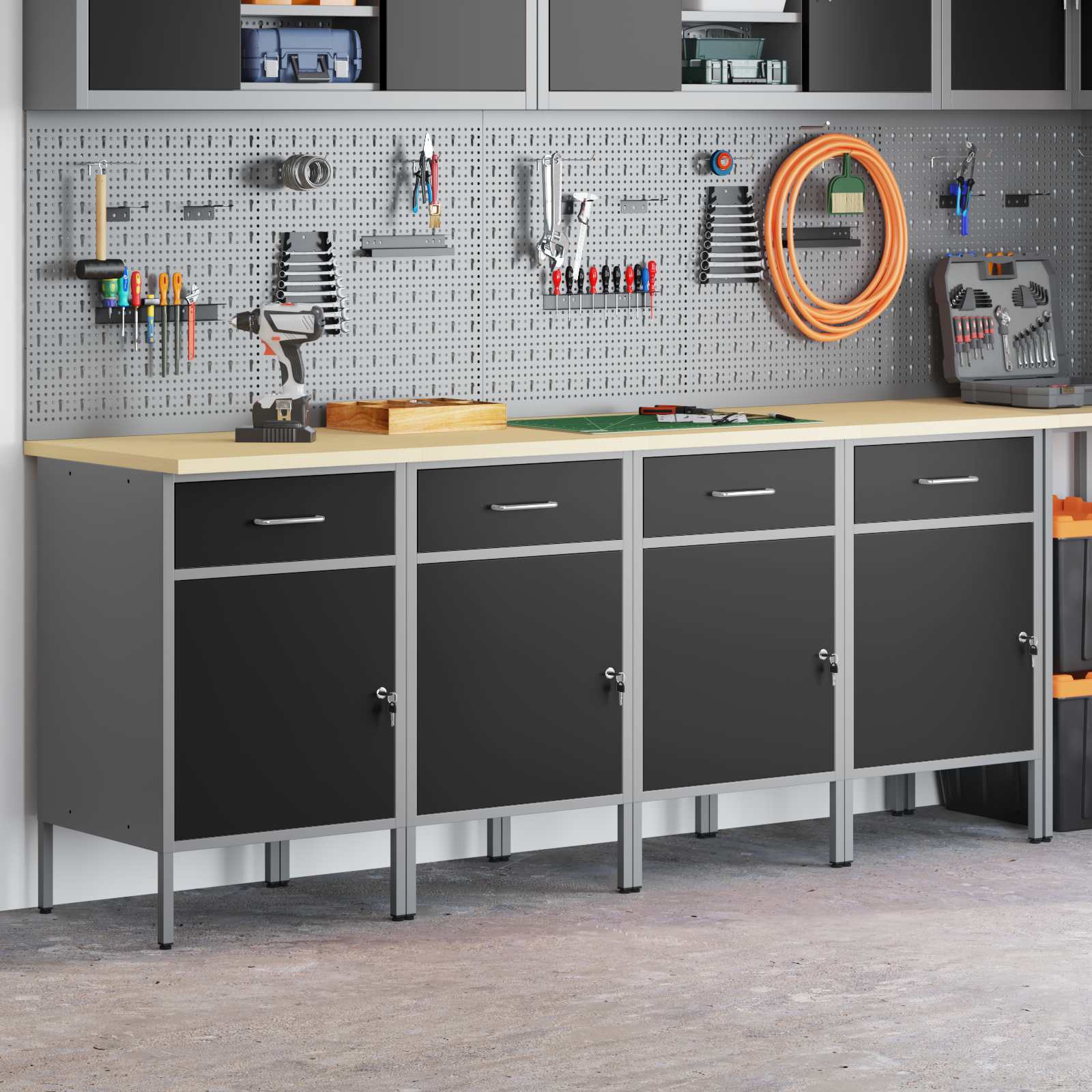 Werkbank mit Speicher 4 Stk. Schwarz und Grau 200 x 55 x 85 cm