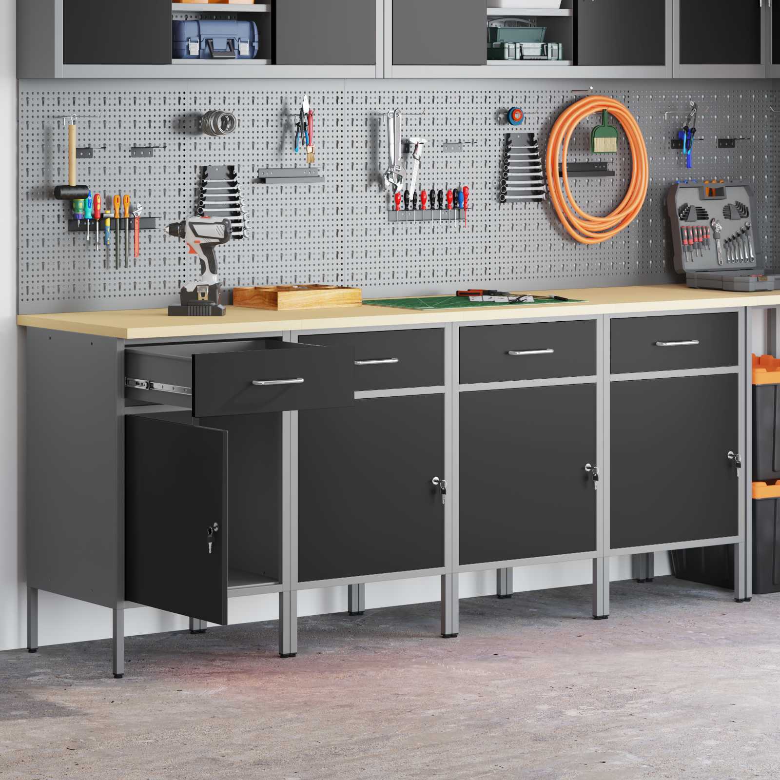 Werkbank mit Speicher 4 Stk. Schwarz und Grau 200 x 55 x 85 cm