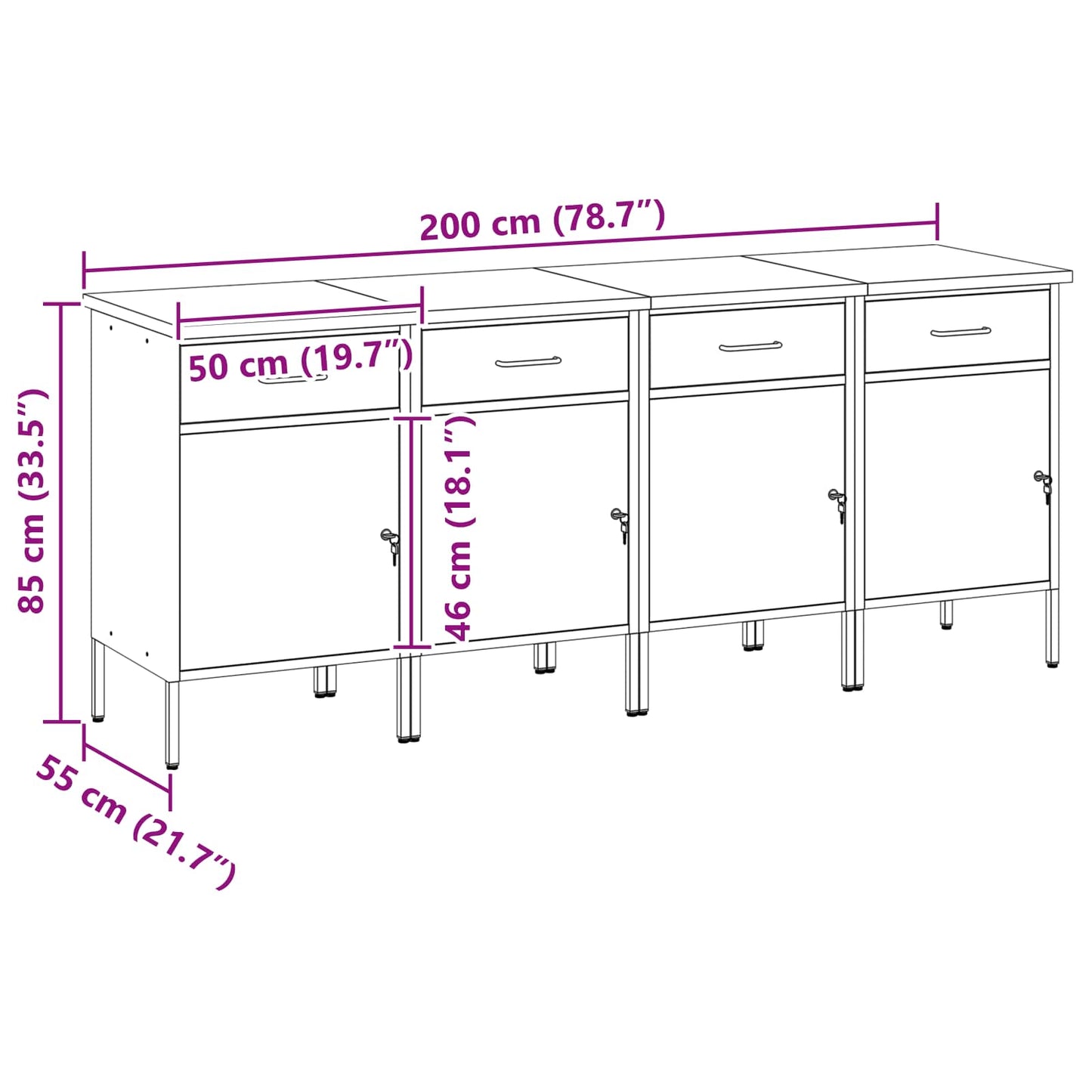 Werkbank mit Schubladen 4 Stk. Rot und Grau 200 x 55 x 85 cm